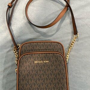 Michael Kors Brown MK Monogram Crossbody with Gold Hardware